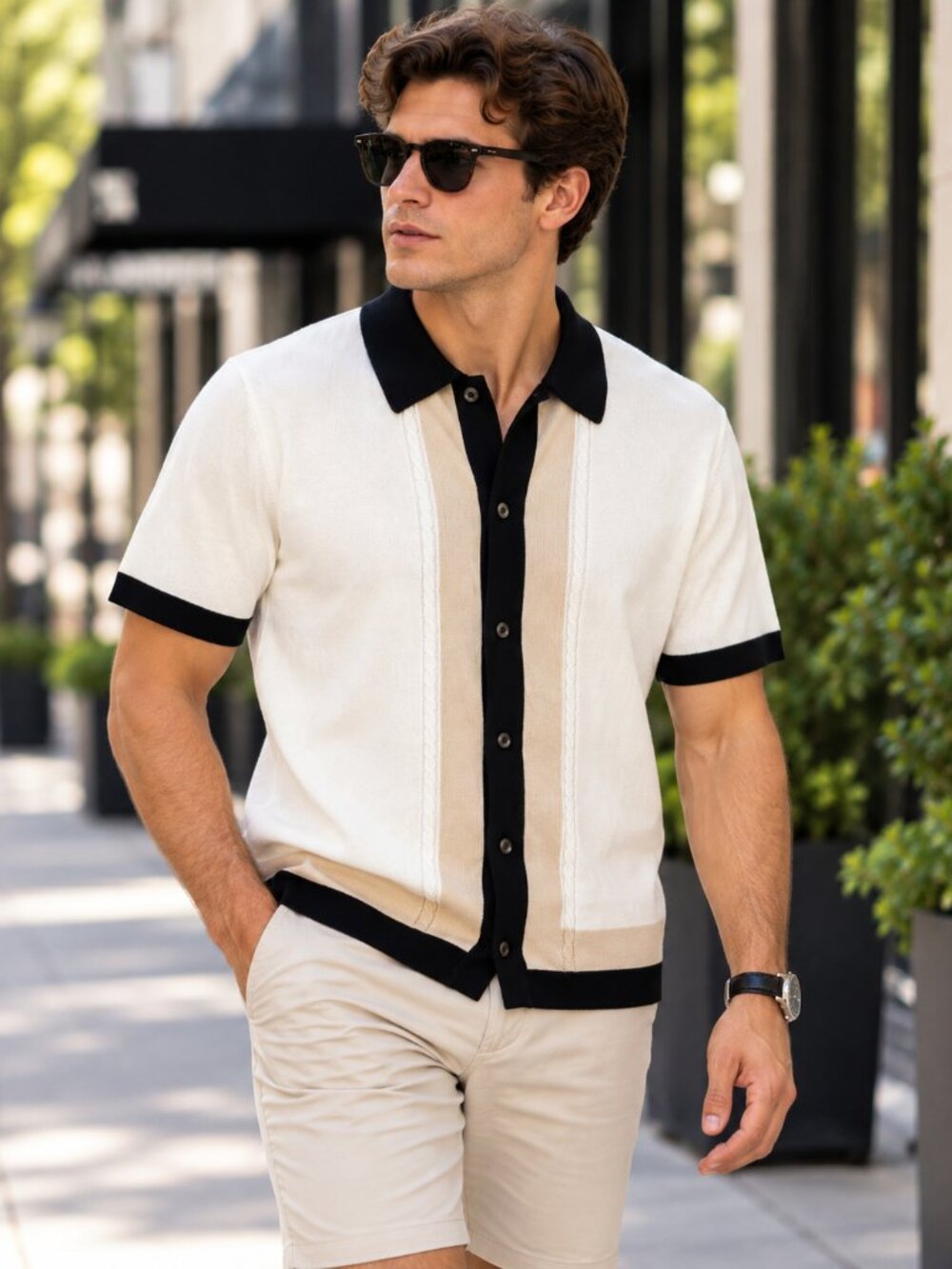 Cotton On Pablo Men’s Short Sleeve Knit Button-Up Shirt Off White Black Size M N